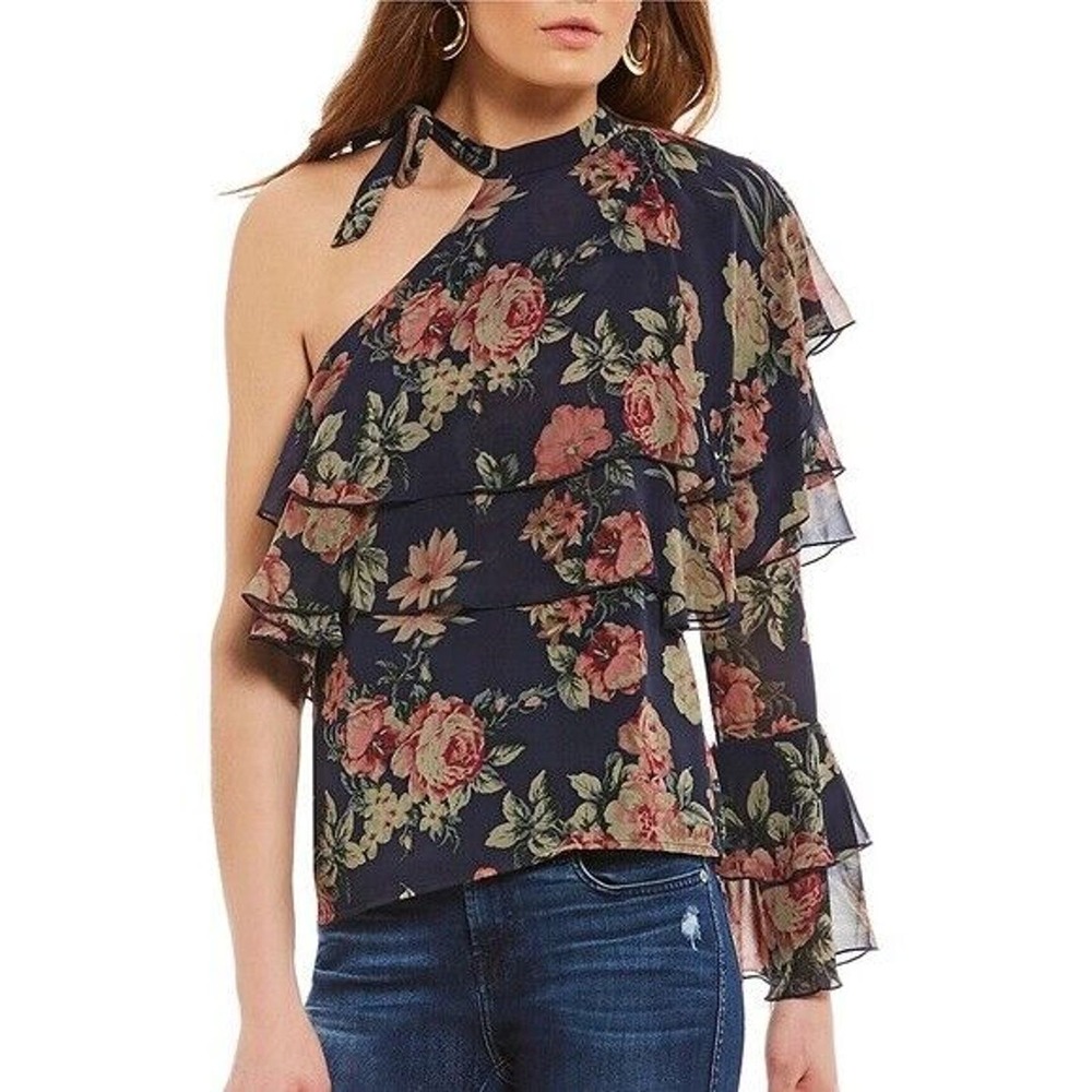 WAYF Ruffle One-Shoulder Top in Dusty Blue Floral Tiered Size Medium $65